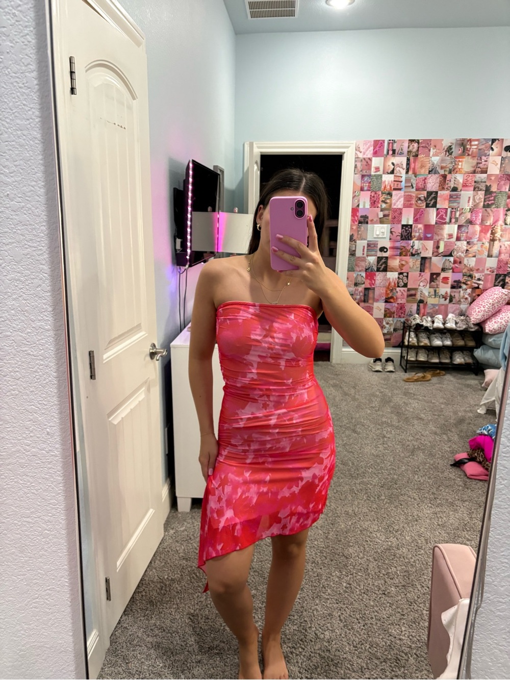 Never worn SHEIN Strapless Pink Tie-Dye Asymmetric Hem Dress